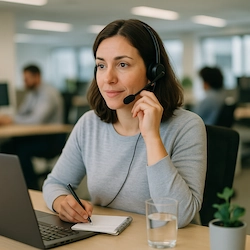 Atendente de Departamento Pessoal com headset em estação de trabalho; atendimento ágil ao terceirizar departamento pessoal