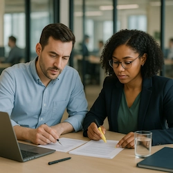 Profissionais de DP revisando documentos em mesa de escritório; governança e confidencialidade ao terceirizar departamento pessoal