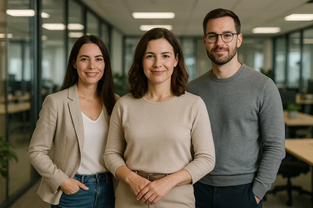 Retrato vertical de três profissionais do Departamento Pessoal (duas mulheres e um homem) em escritório; apoio ao terceirizar departamento pessoal